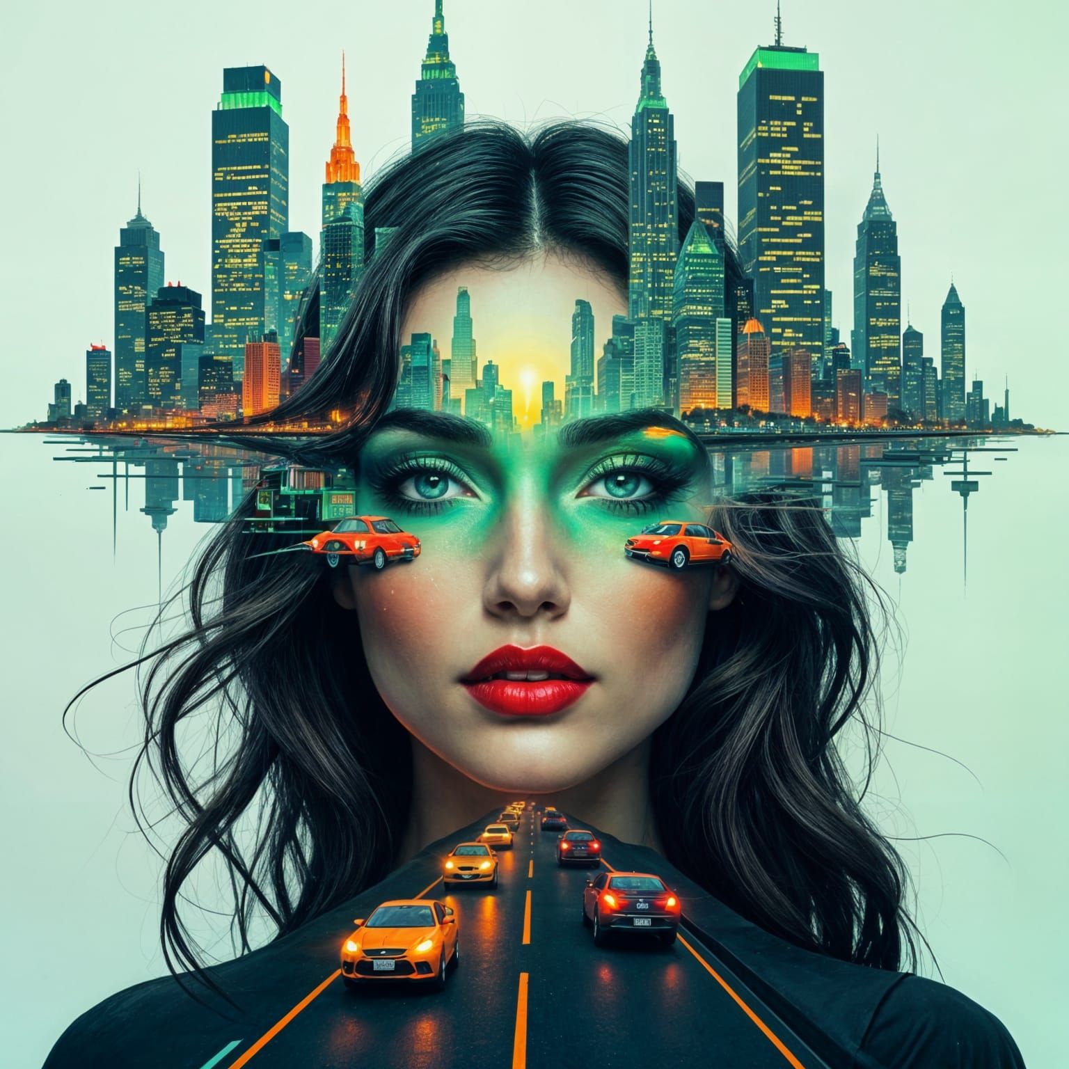 Surreal Woman Merged with Neon Cityscape