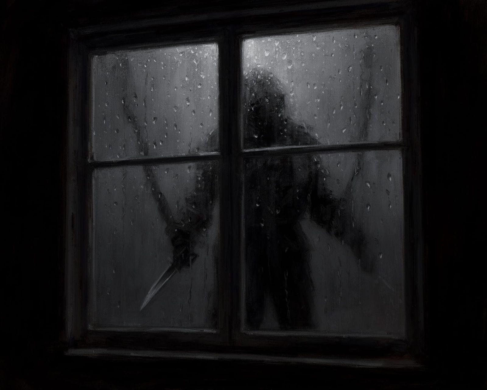 Mysterious Figure Through Steamed Window on Dark Night