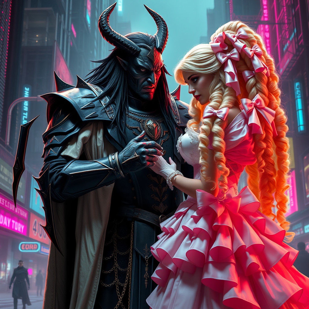 Demon King Fastens Bride's Corset in Cyberpunk Cityscape