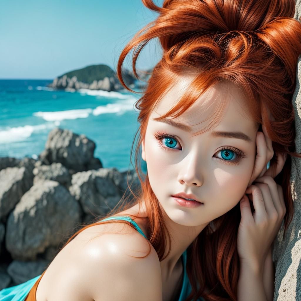 Stunning Korean Woman with Red Hair and Turquoise Eyes