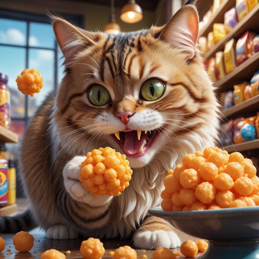 Happy Cat Eats Cheese Balls: Hyperrealistic Concept Art