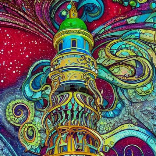Art Nouveau Lighthouse Under Swirling Starry Sky