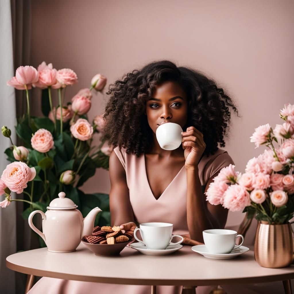 Woman Enjoys Tea and Chocolate in Floral Room