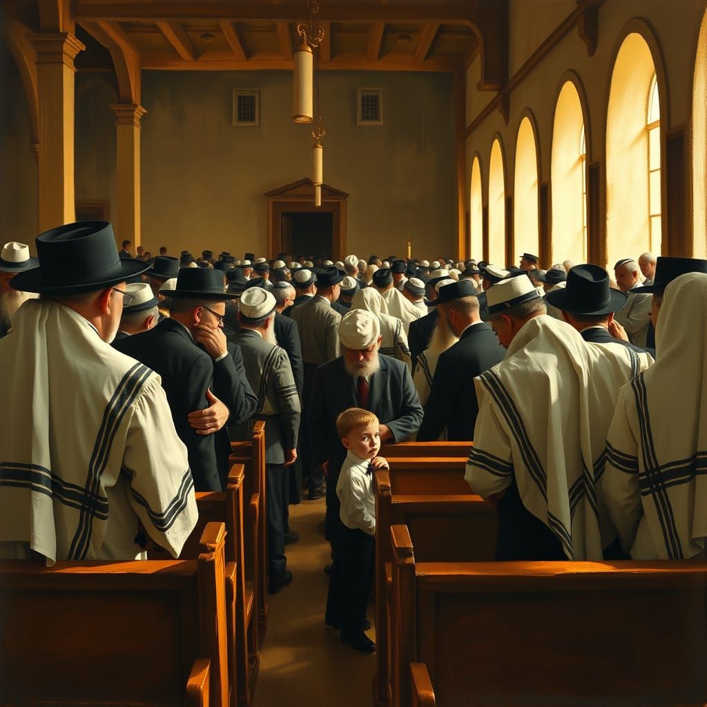 Hasidic Synagogue Scene in Expressionist Style