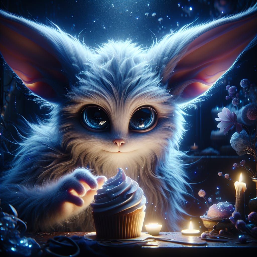 Whimsical Fluffy Creature with Cupcake in Dark Fantasy Style