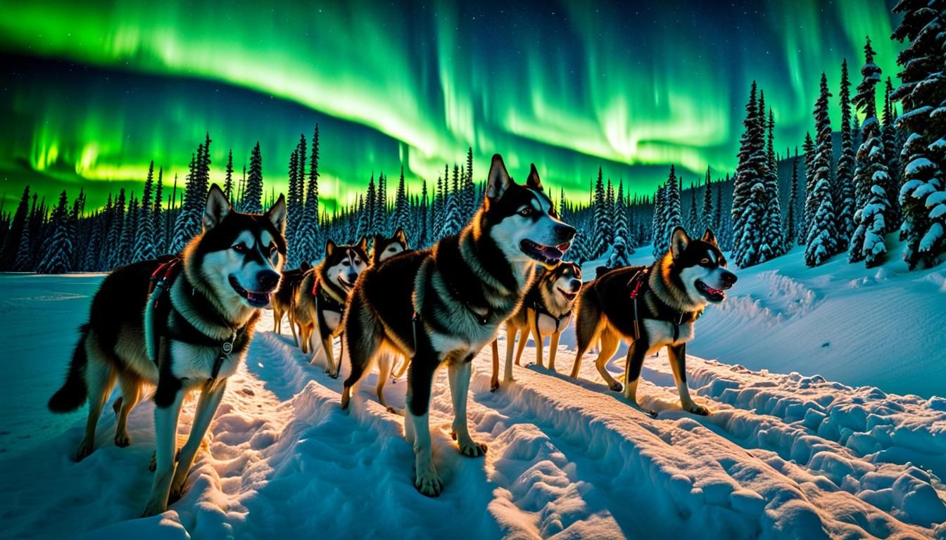 Dog Sledding Under Aurora Borealis in Yukon