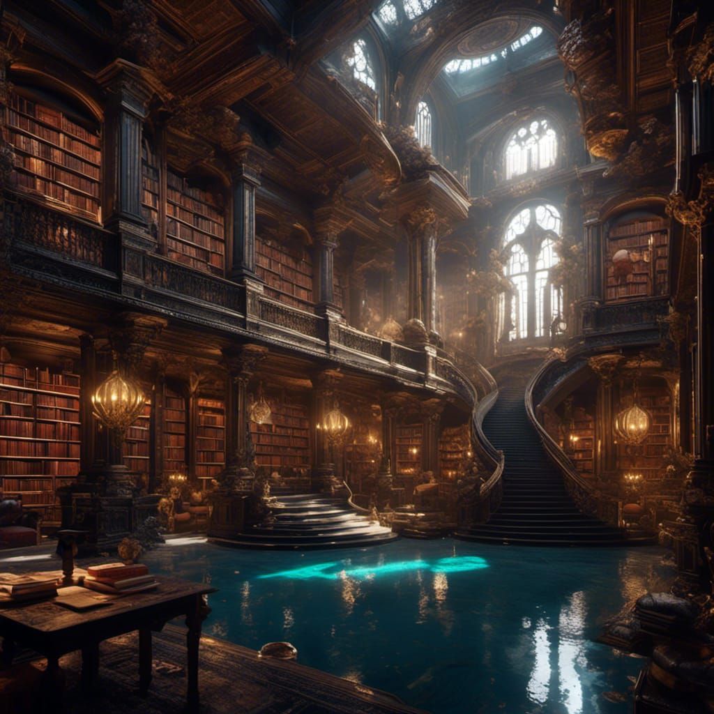 Giant Fantasy Library Interior in Detailed Matte Painting