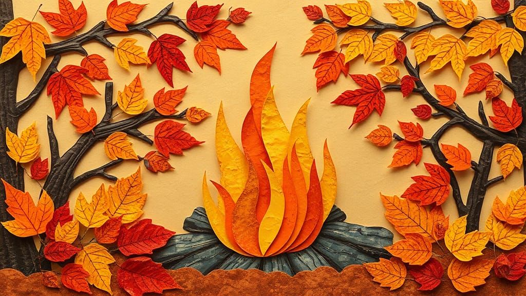 Autumn Bonfire Collage in Folk Art Style