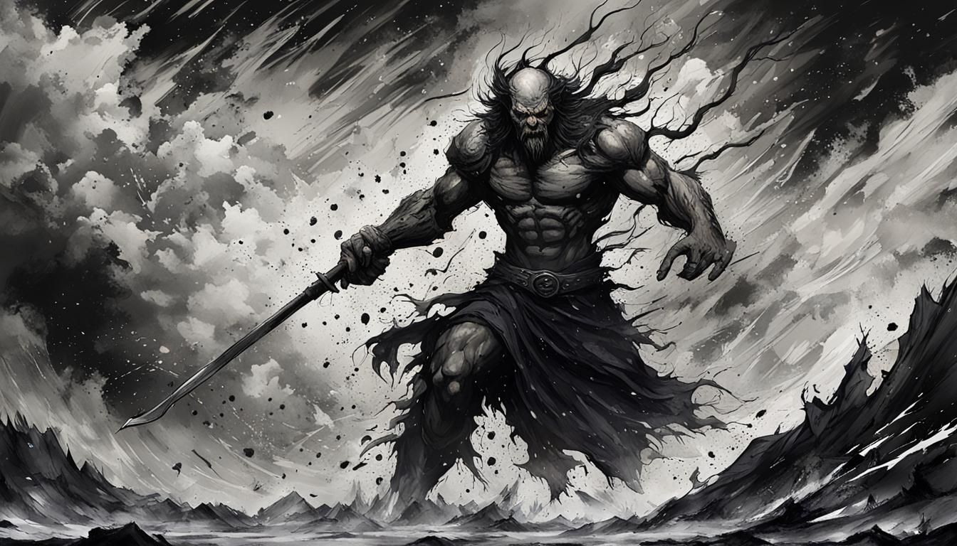 Majestic Nephilim in Stormy Ink Splatter Art