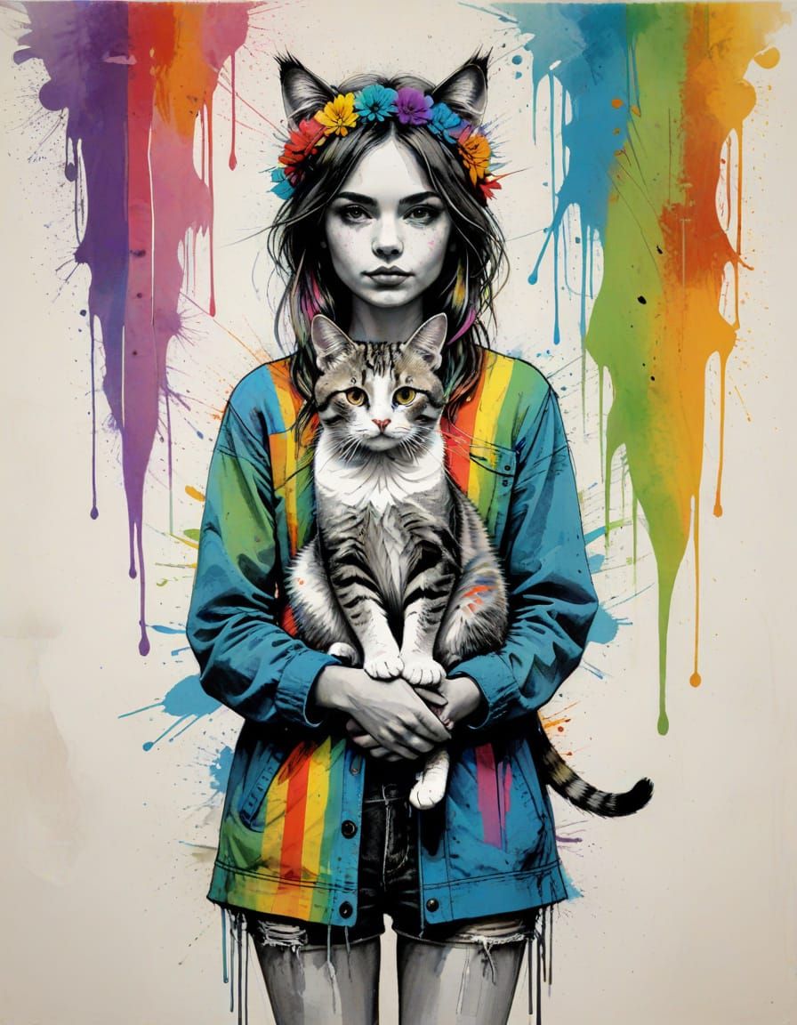 Free-Spirited Bohemian Woman with Rainbow and Cat in Vibrant...
