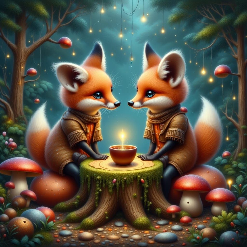 Fox Tea Party in Enchanted Forest, Fantasy Glow