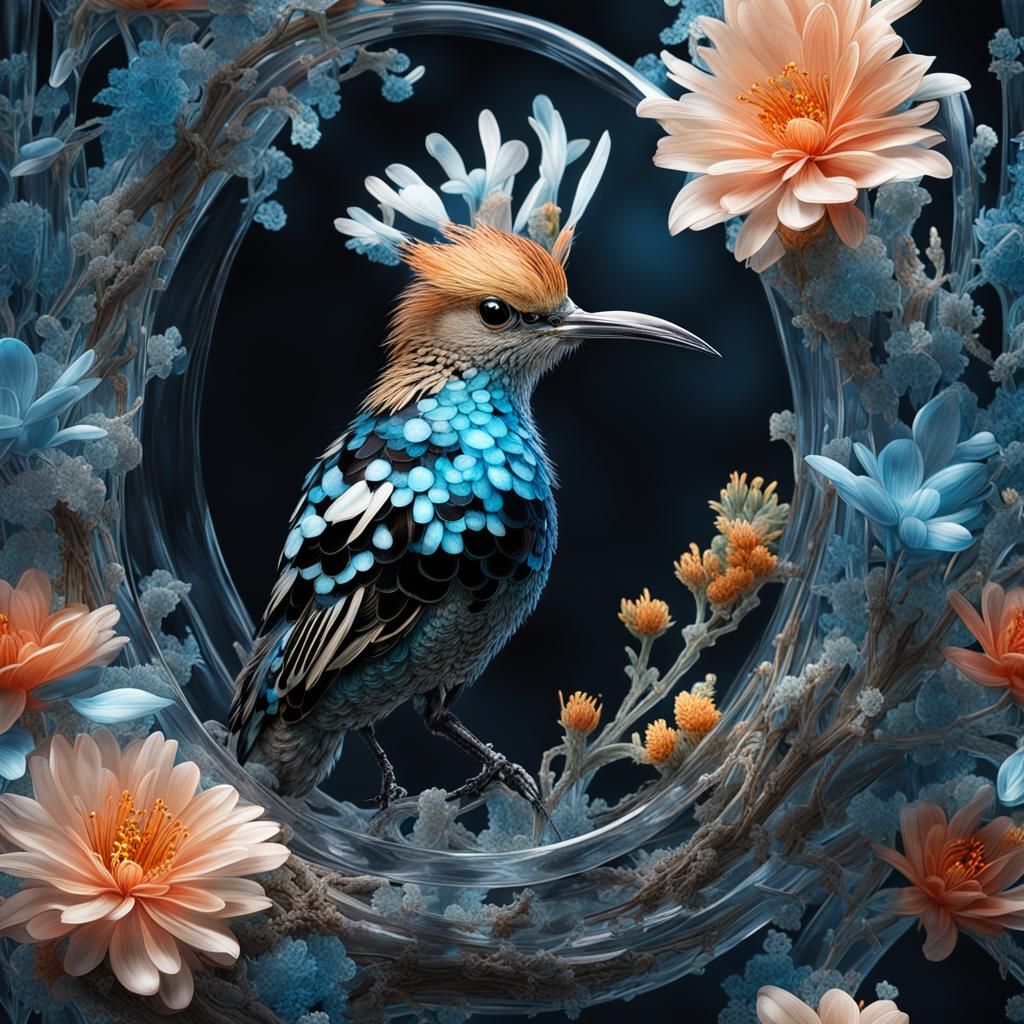 Crystal Glass Hoopoe Sculpture with Bioluminescent Flowers