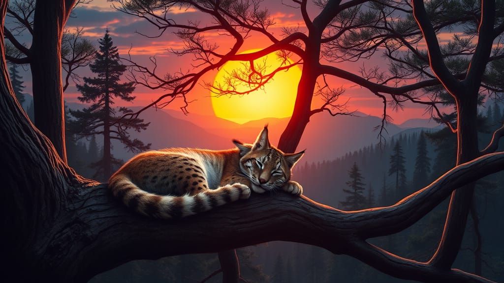 Mythical Forest Sunset With Sleeping Lynx