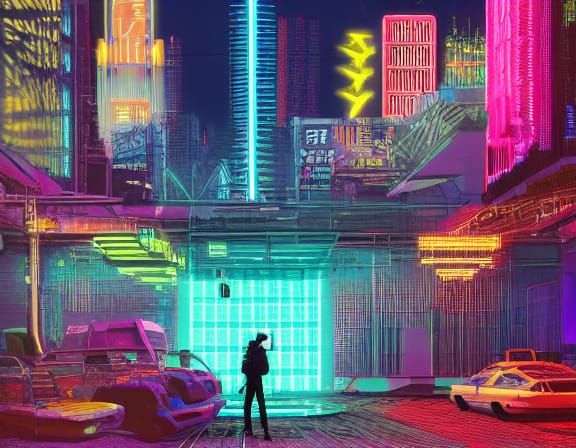 Cyberpunk Cityscape with Futuristic Chair and Holographic Di...
