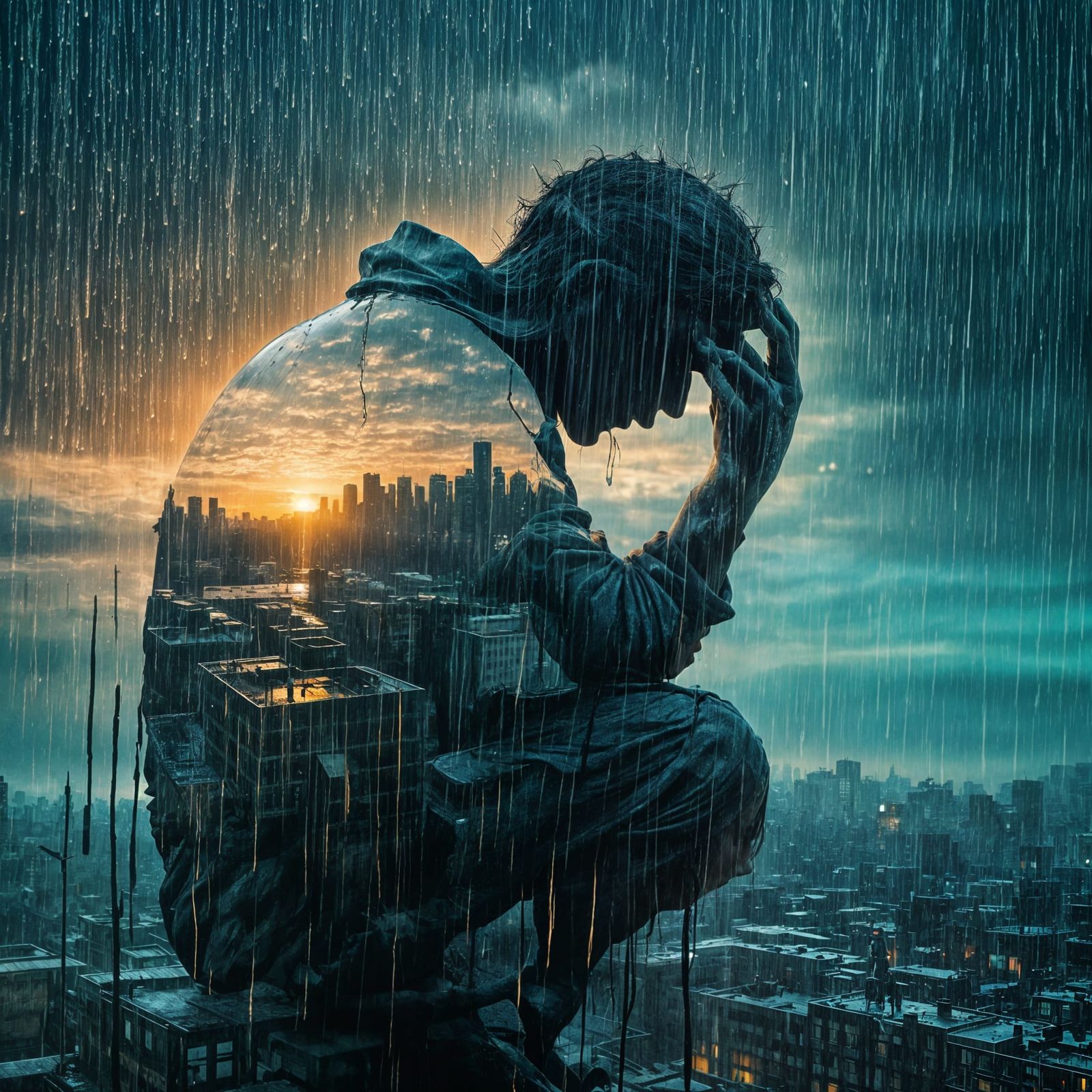 Emotional Double Exposure: Silhouette in Rainy Urban Decay