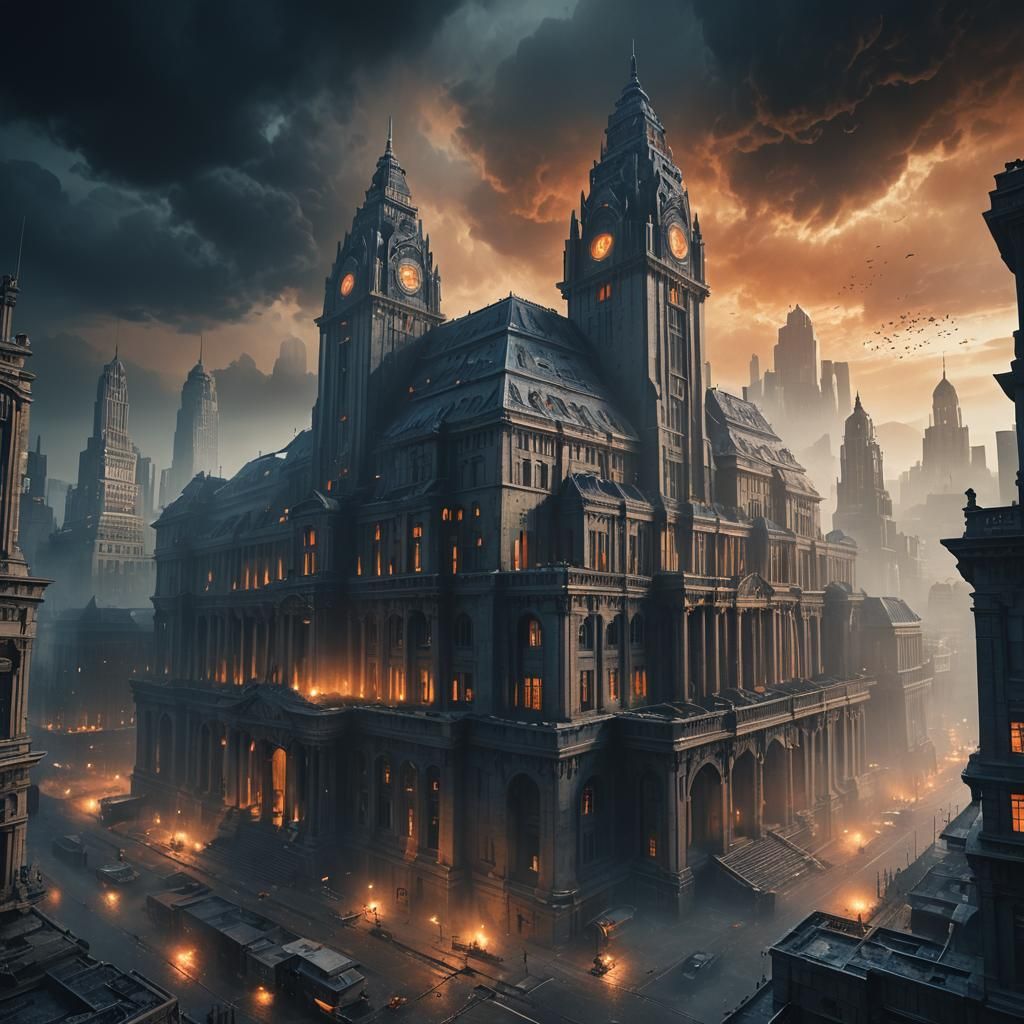 Dystopian Cityscape with Imposing Government Building