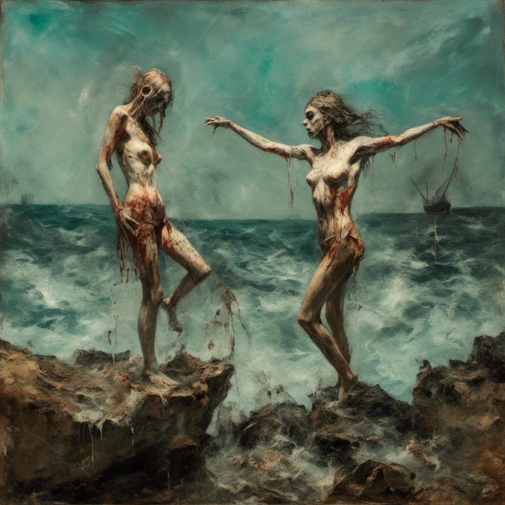 Two Women on a Rock, Surrealist Oil Painting