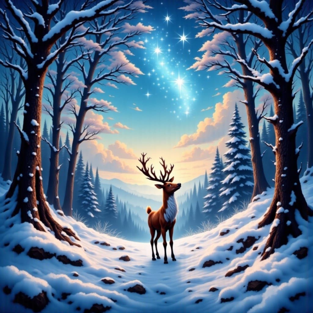 Chibi Reindeer in Whimsical Skyfall Landscape
