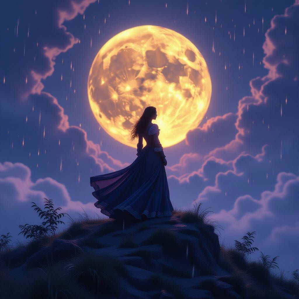 Victorian Woman Under Lightning Harvest Moon in Dark Fantasy