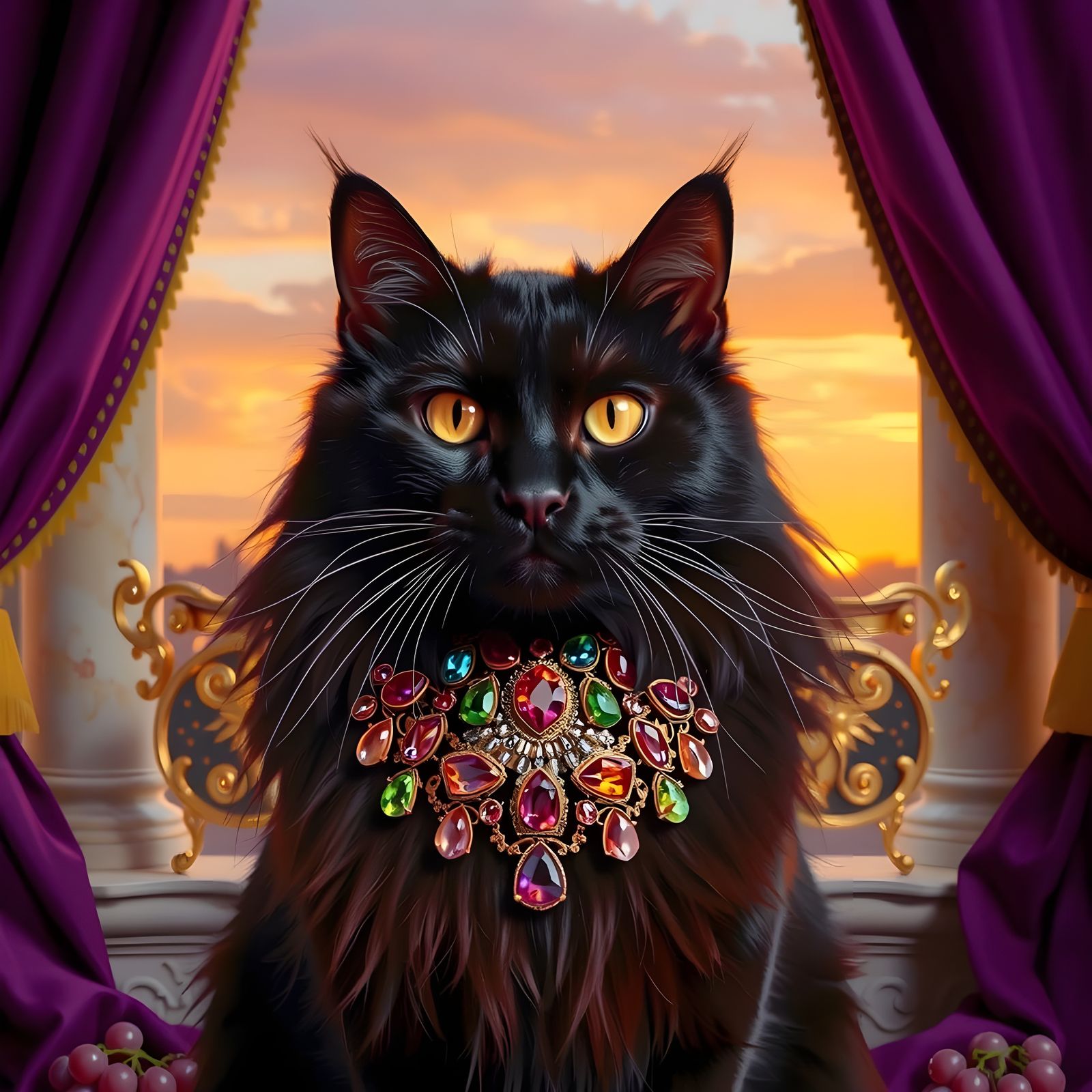 Black-Purple Cat with Gemstone Necklace