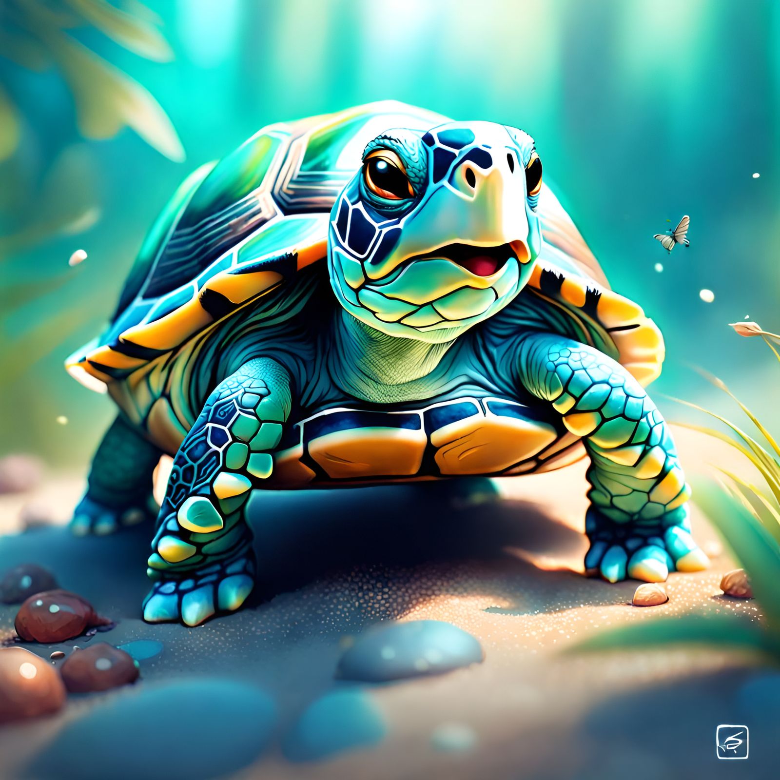 Turquoise Turtle Portrait in Detailed Concept Art