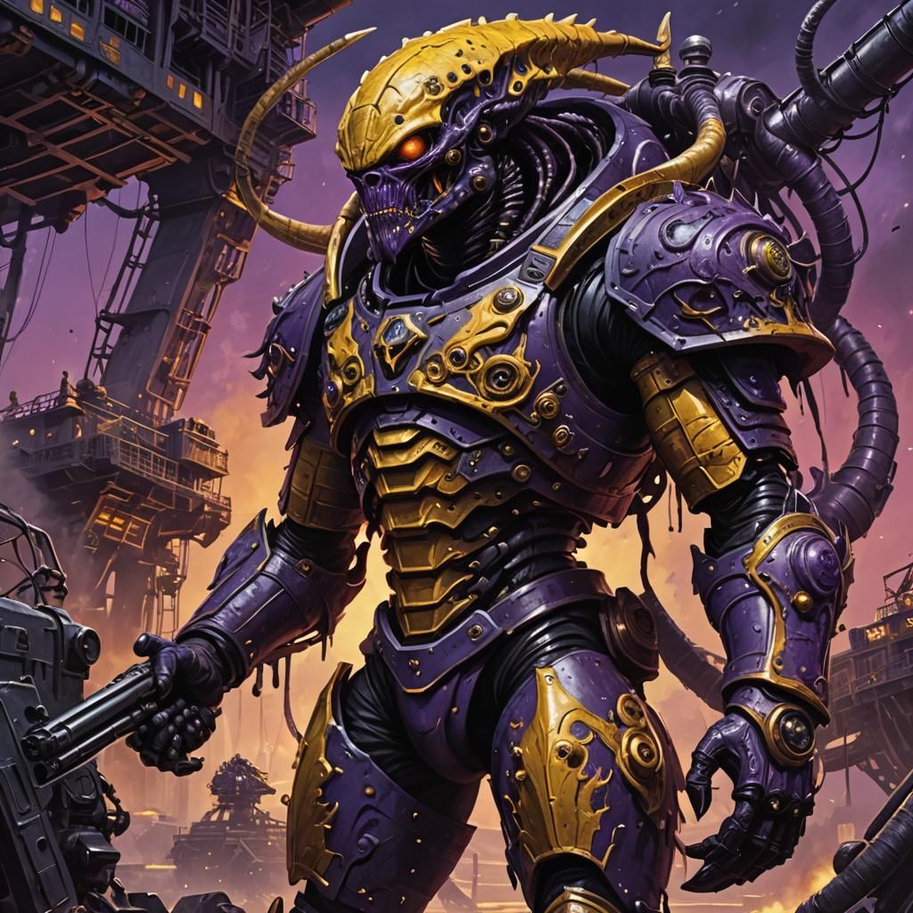 Alien Grenadier Invades Oil Rig Deck in Dark Fantasy