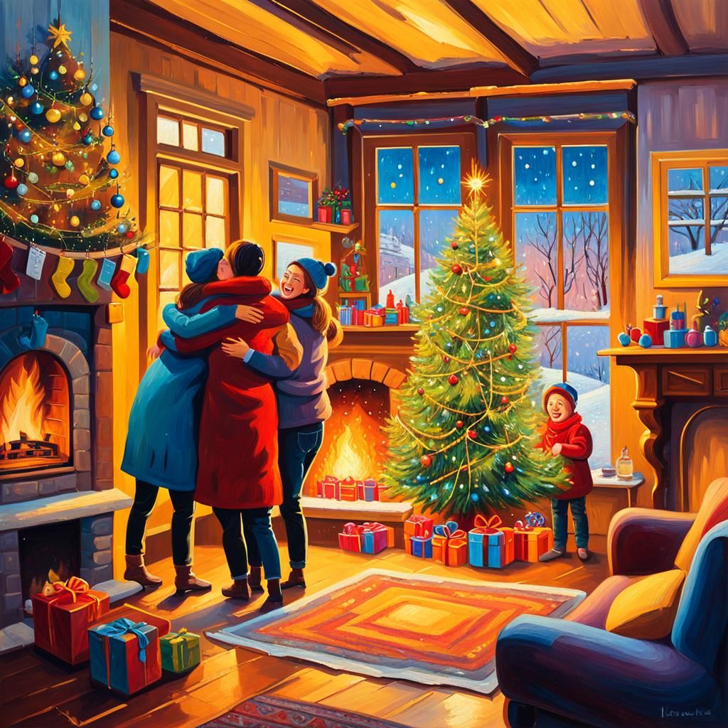 Friends Celebrate Christmas: Expressionist Impasto Oil Paint...