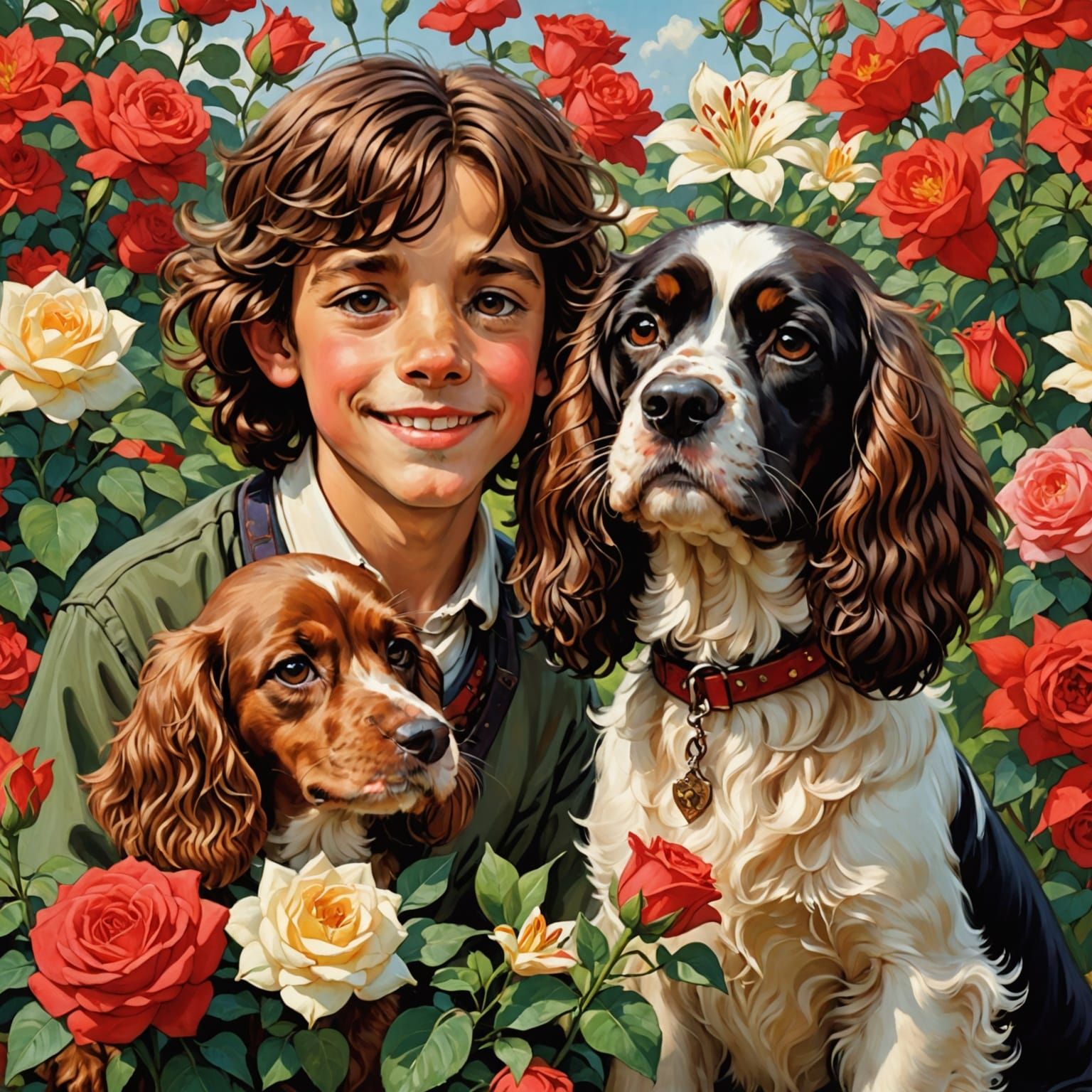 Boy with Ruby Cocker Spaniel in Vibrant Garden