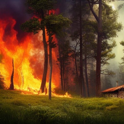 Burning Cabin in Forest: Digital Matte Painting