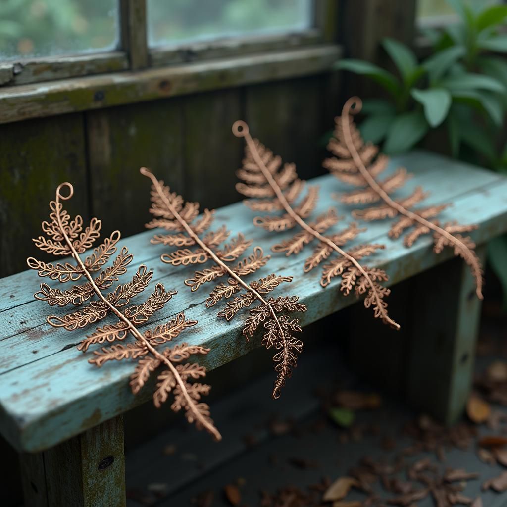 Copper Fern Leaf Skeletons on Rustic Bench