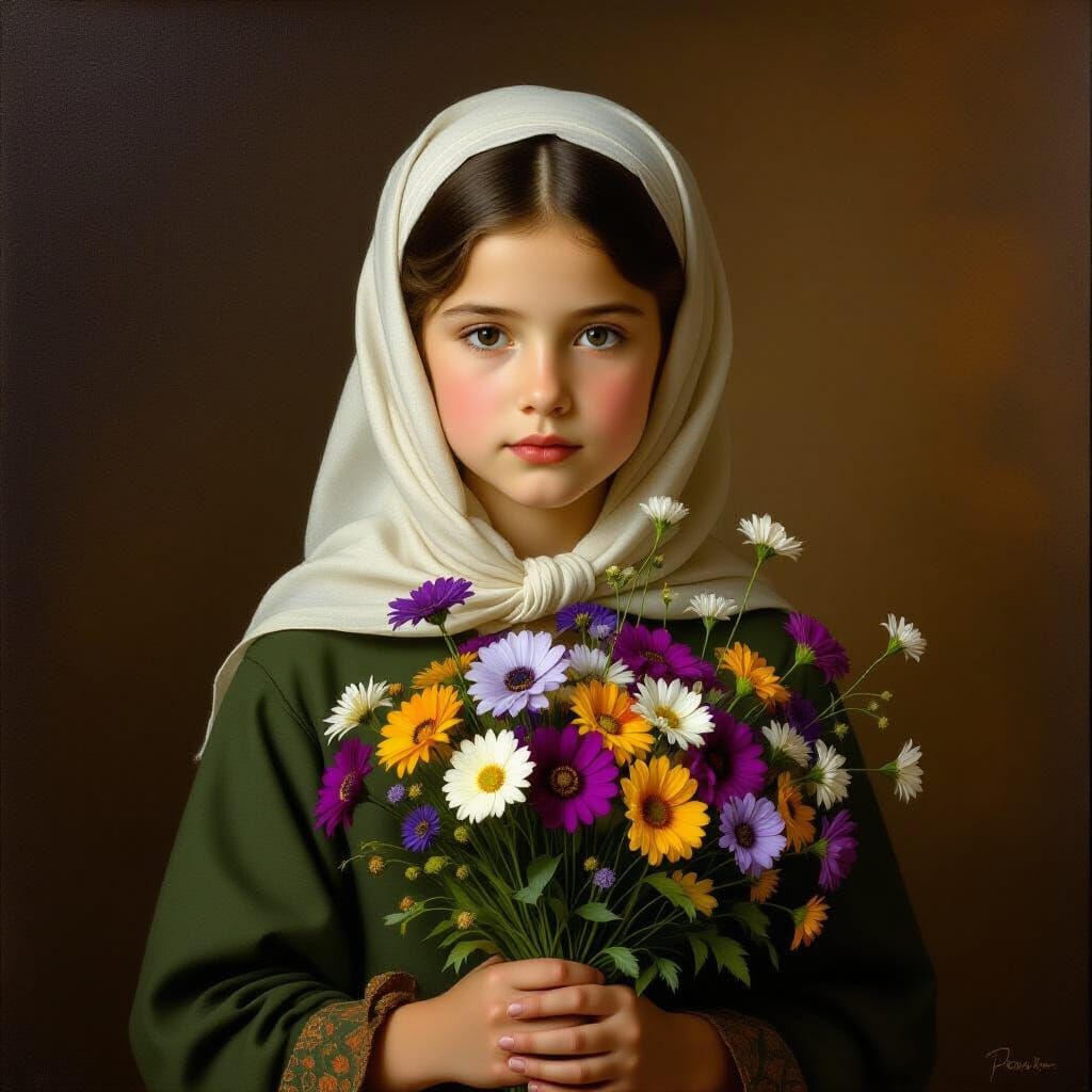 Classic Portrait of a Solemn Girl with Wildflowers