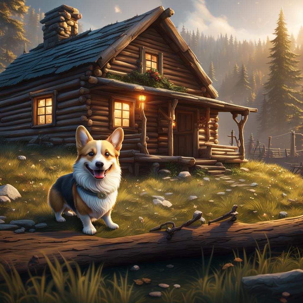 Hillbilly Corgi with Log Cabin: Matte Painting