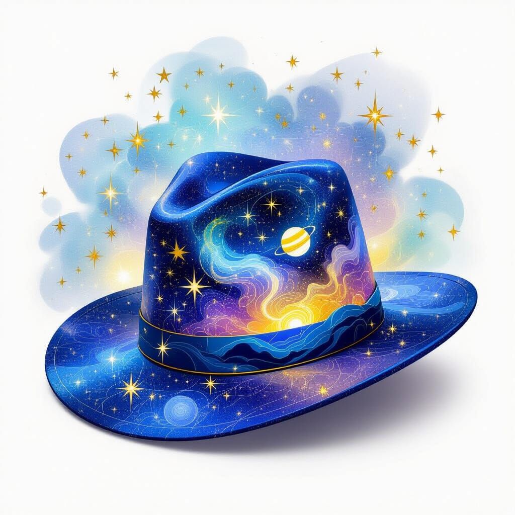 Cosmic Hat Adorned with Stars and Planets