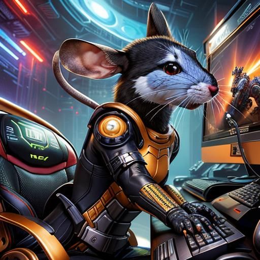 Anthropomorphic Computer Petting a Mouse in Comic Book Style