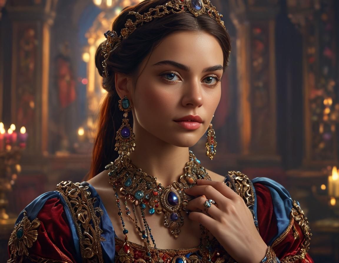 Renaissance Woman with Futuristic Jewelry: Hyper-realistic P...