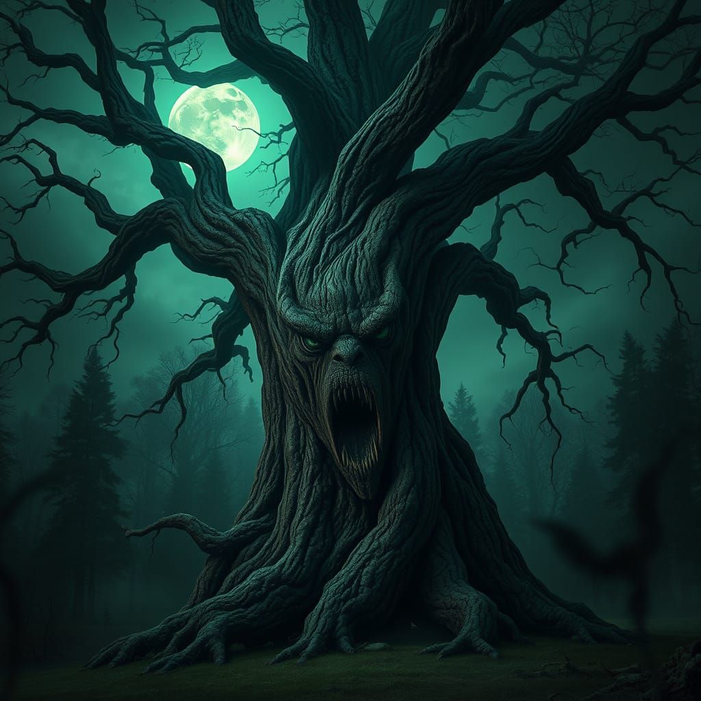 Sinister Face on Ancient Oak in Dark Forest