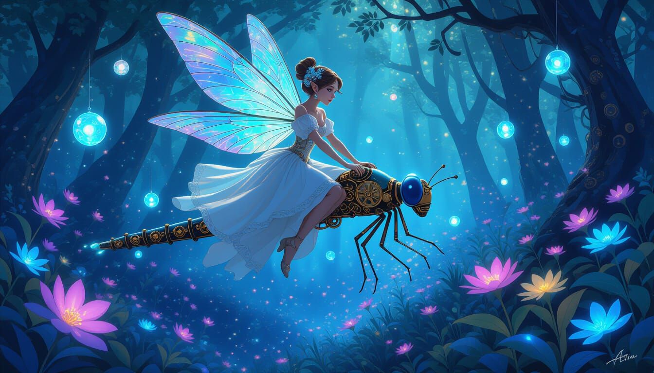 Fairy Riding Steampunk Dragonfly in Bioluminescent Forest