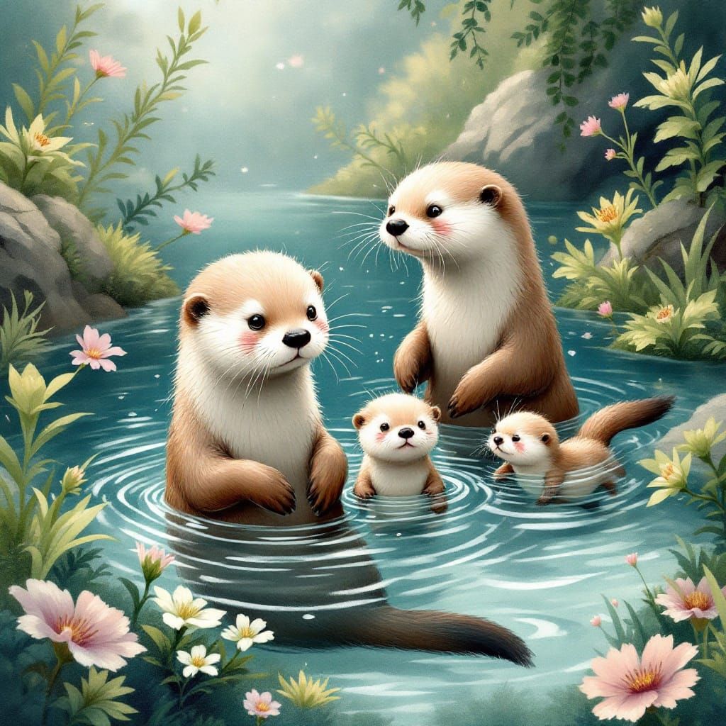 Otters and Offspring in Whimsical Aquatic Scene