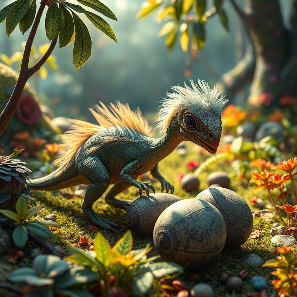 Feathered Dinosaurs Pecking at Eggs in Lush Landscape