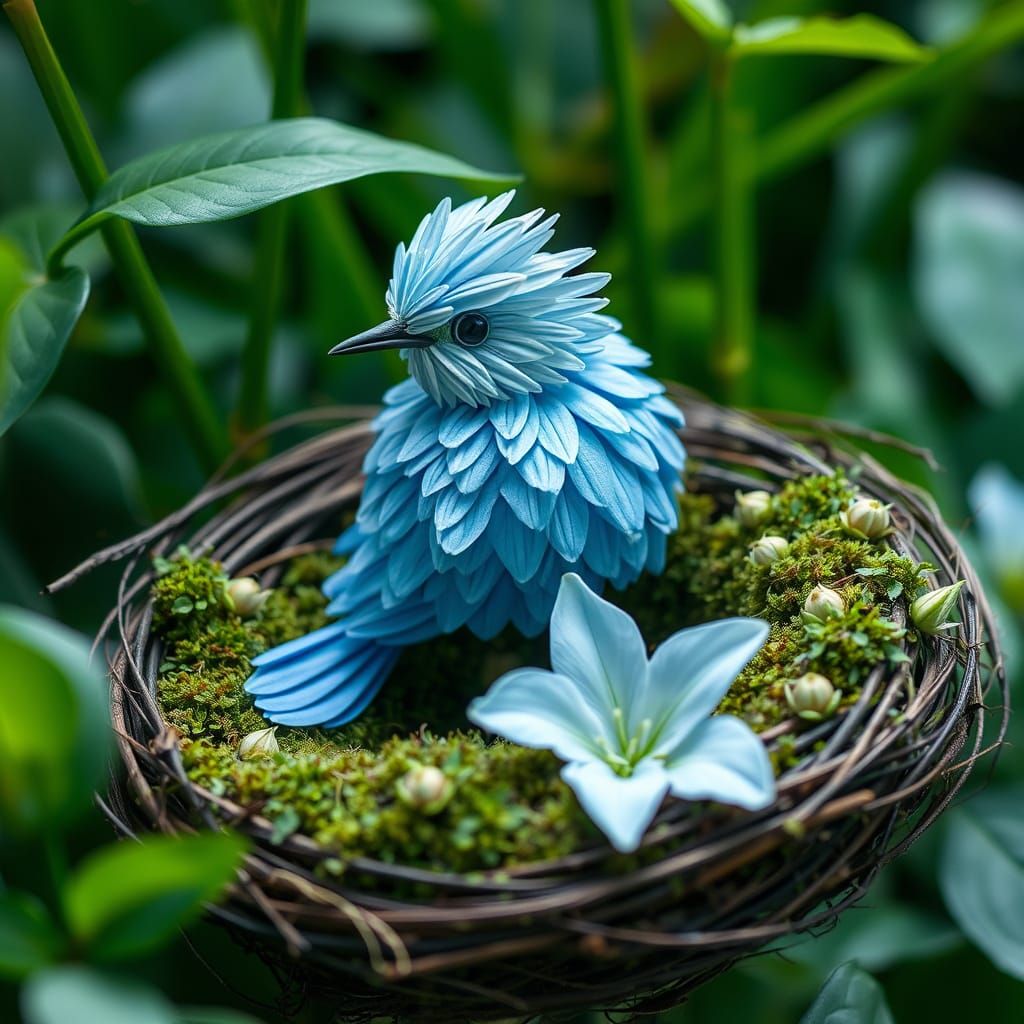Dreamlike Floral Bird in Whimsical Nature Scene