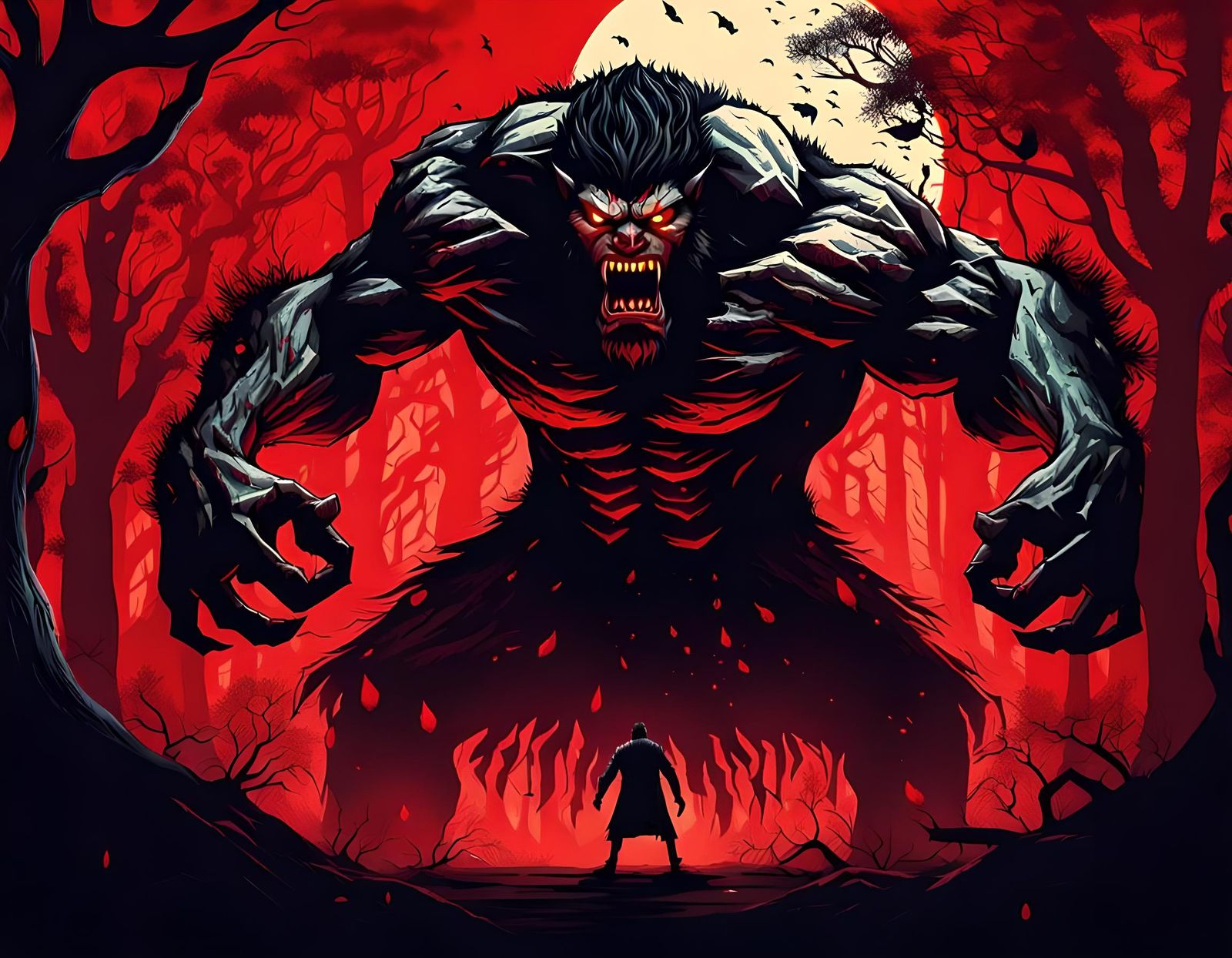 Angry Red Demon Uproots Trees in Blood Forest