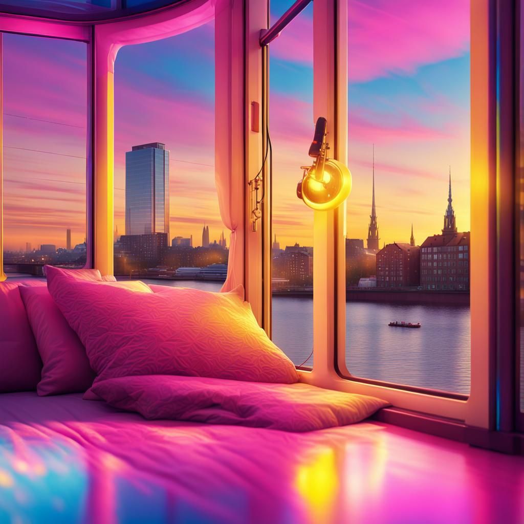 Hamburg Houseboat Sunrise in Astral Illustration Style