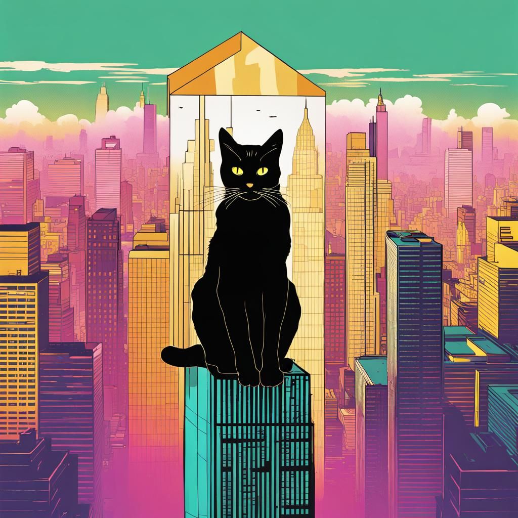 Pop Art Cat Dominates Skyscraper View