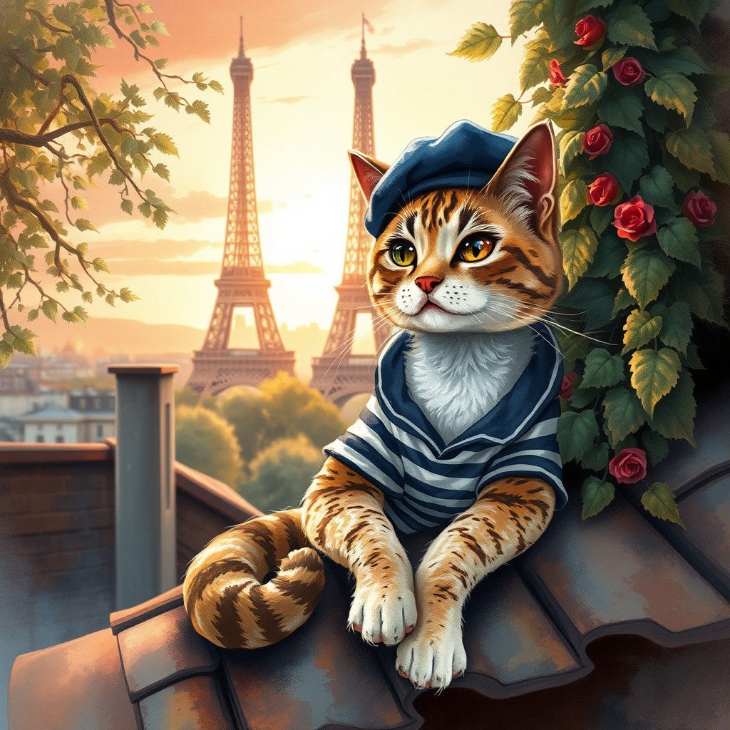 Cat in Beret with Eiffel Tower: Impressionistic Style