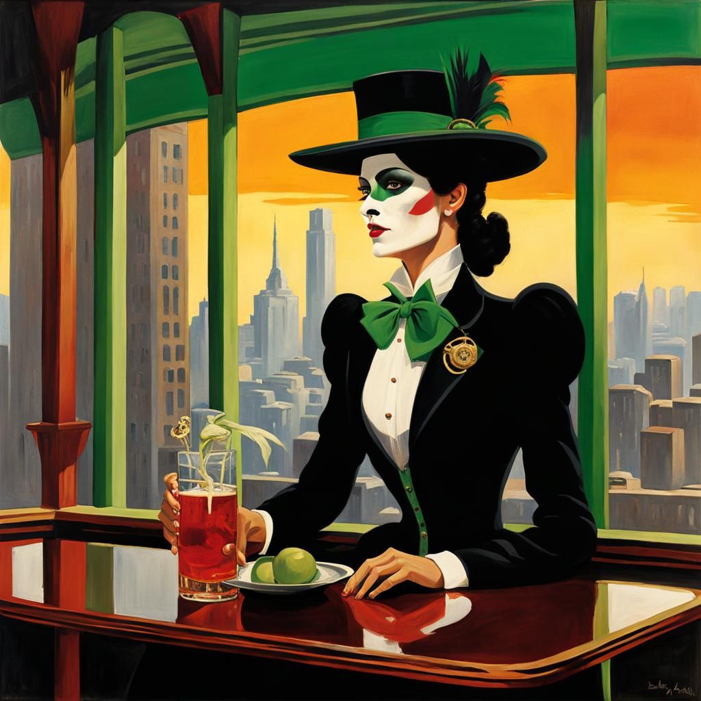 Steampunk Harlequin in City of Airships, Art Nouveau Style