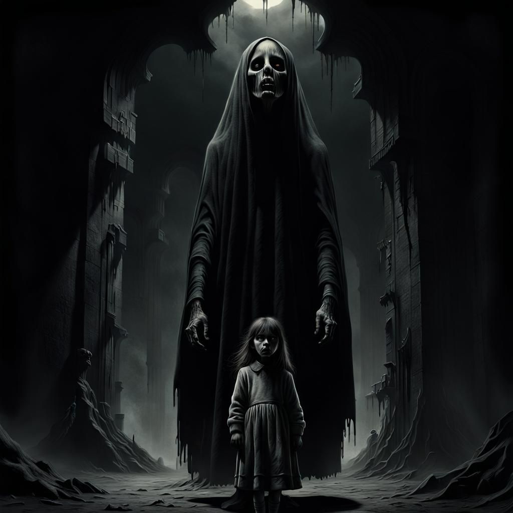 Grim Figure Looms in Dark Surrealist Dreamscape