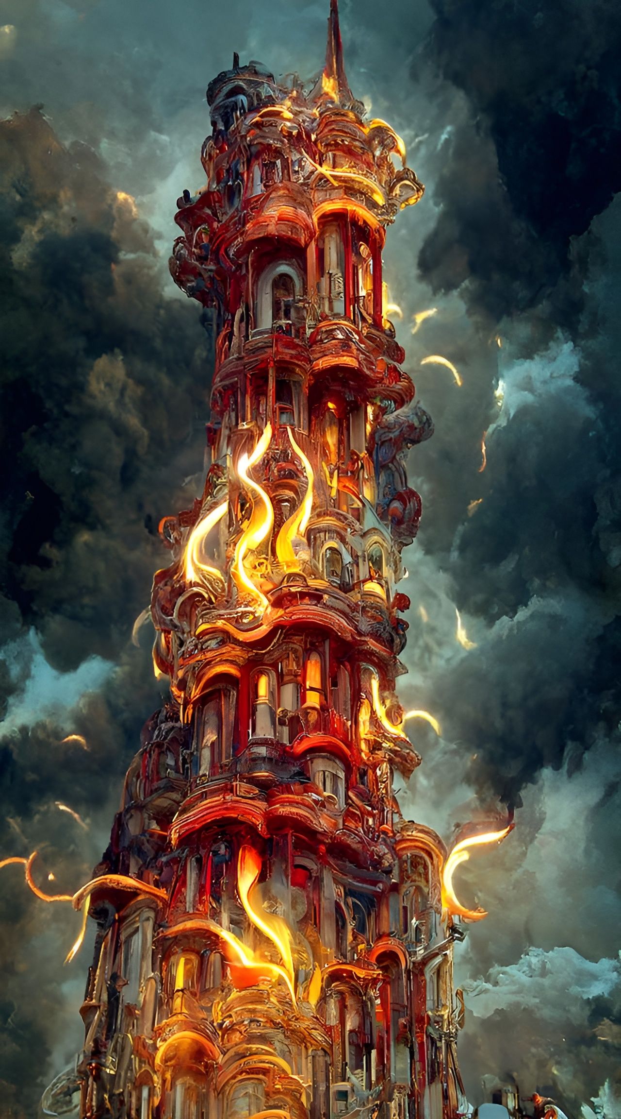 Fiery Art Nouveau Tower in Hellish Flames