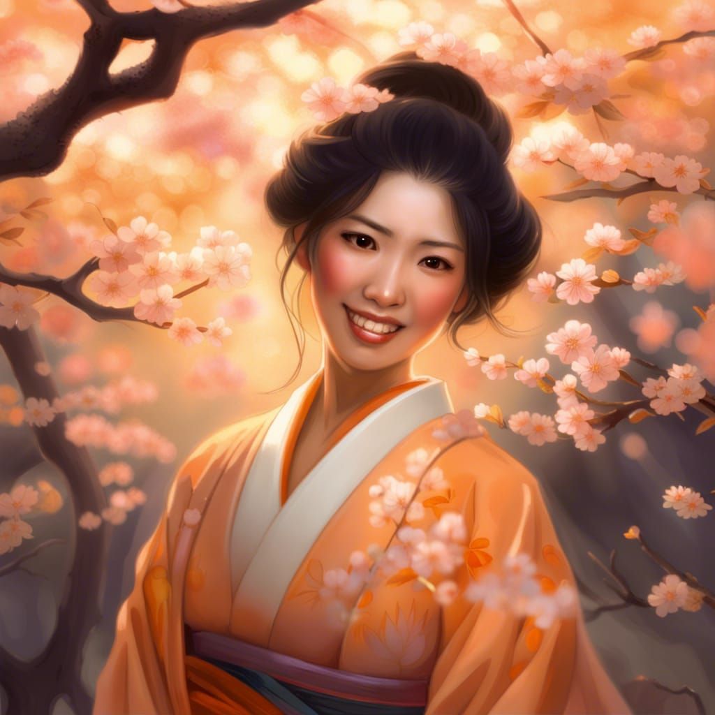 Asian Woman in Kimono with Cherry Blossoms