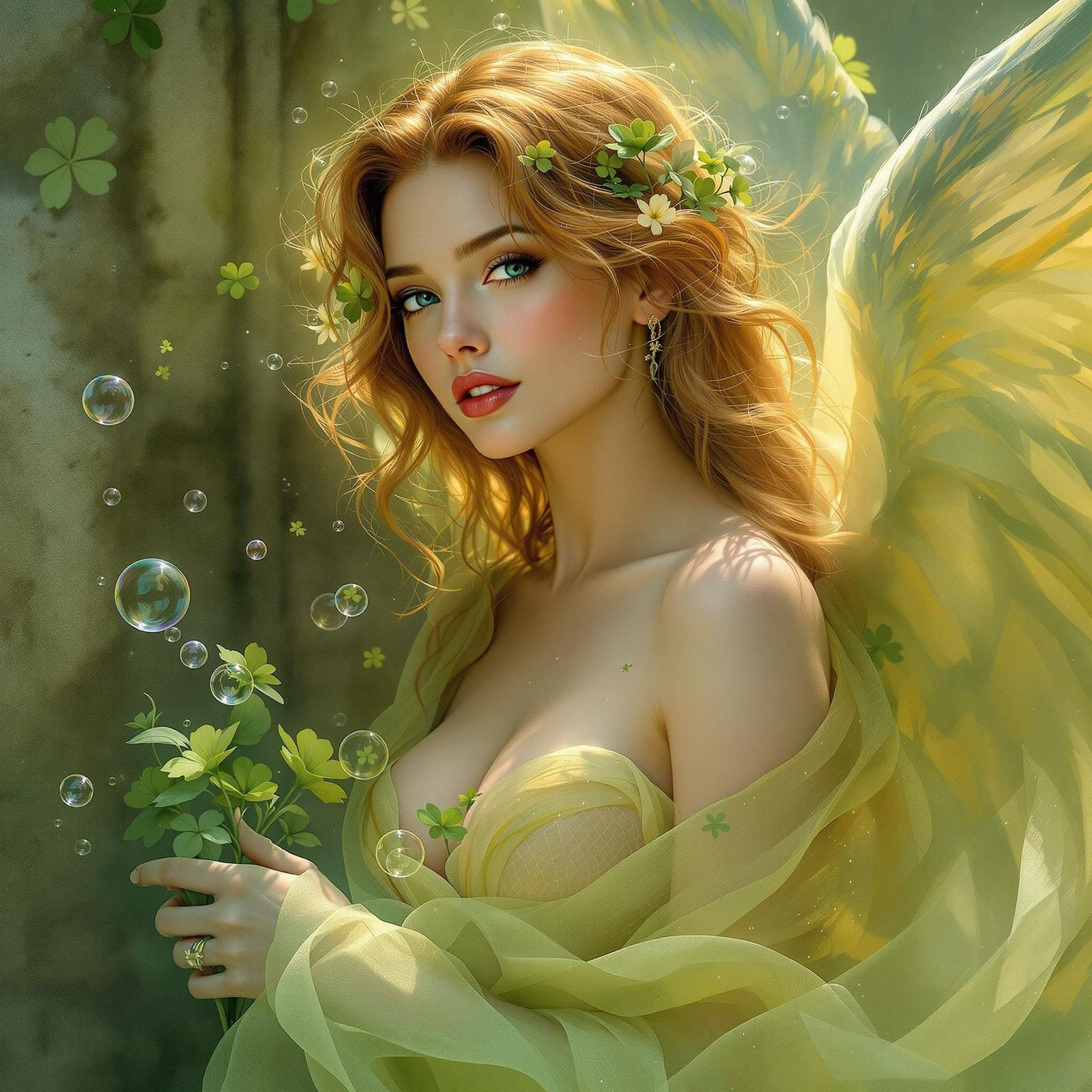 Ethereal Irish Spring Angel in Gossamer Green and Yellow Att...
