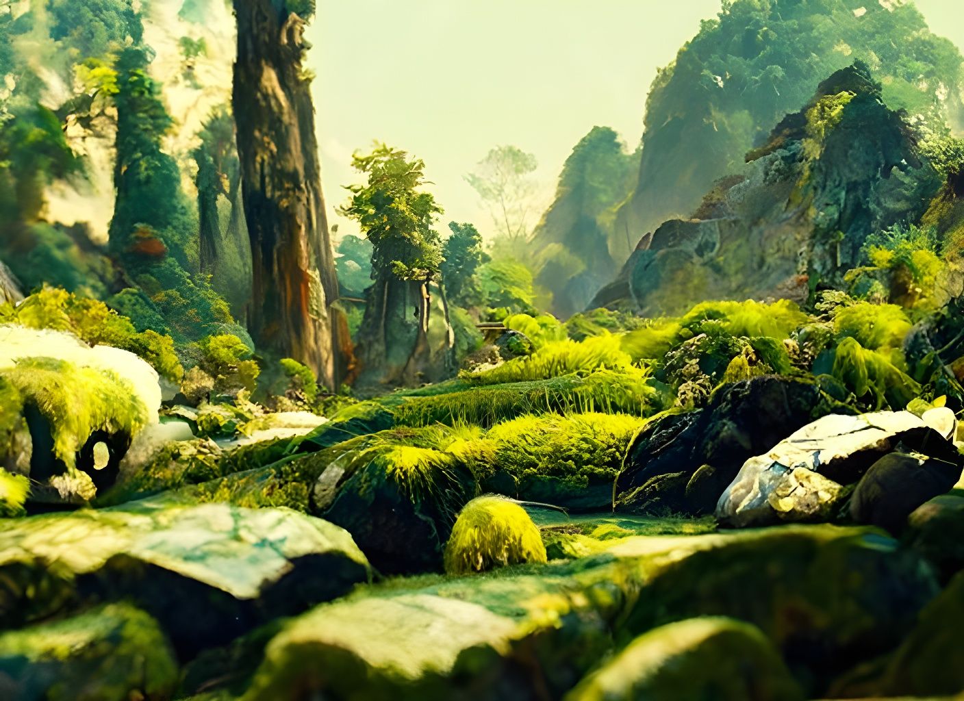 Lush Bamboo Valley Landscape in Oil Painting Style